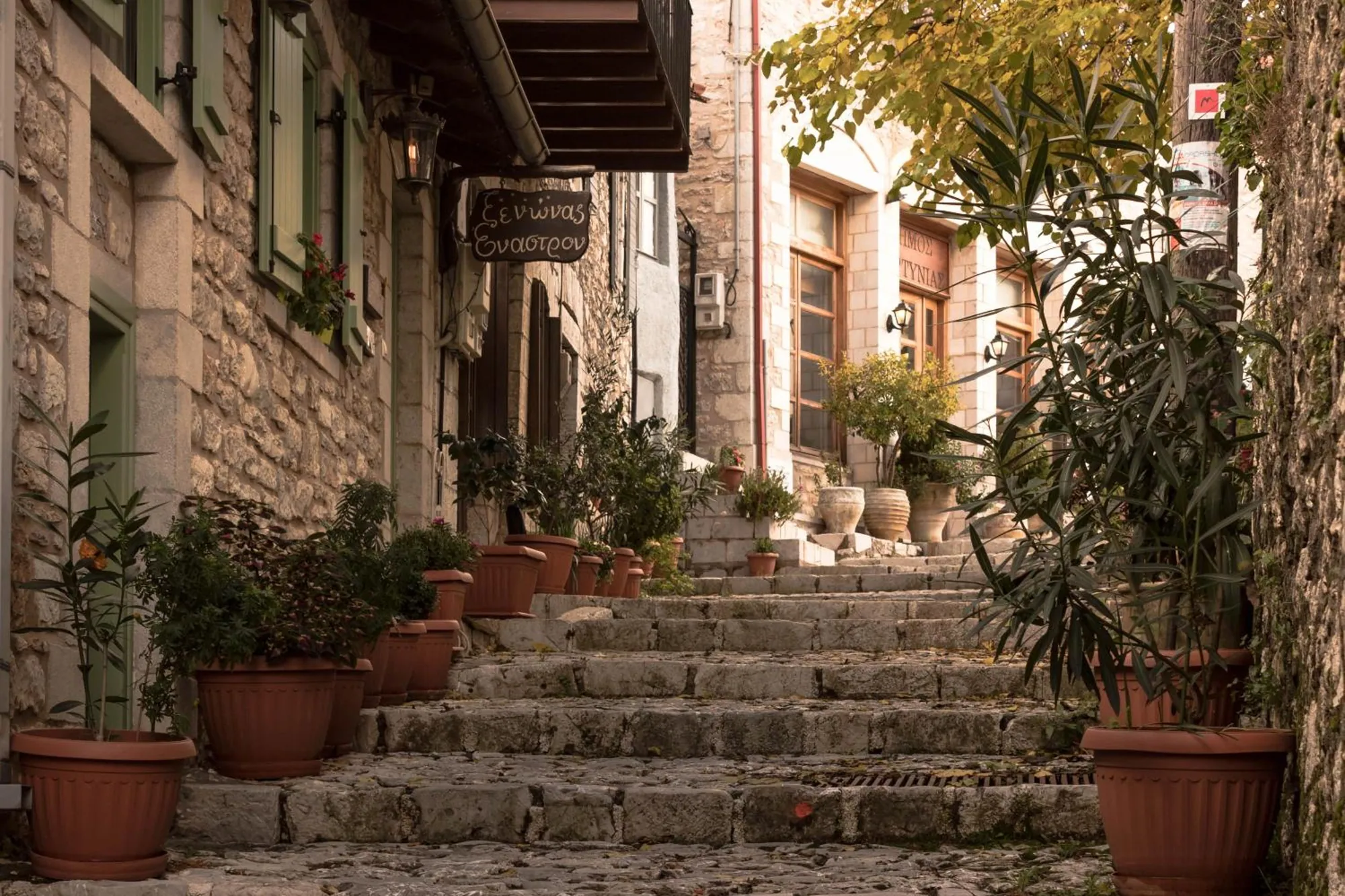 Το πέτρινο σοκάκι με τα σκαλιά και τις γλάστρες